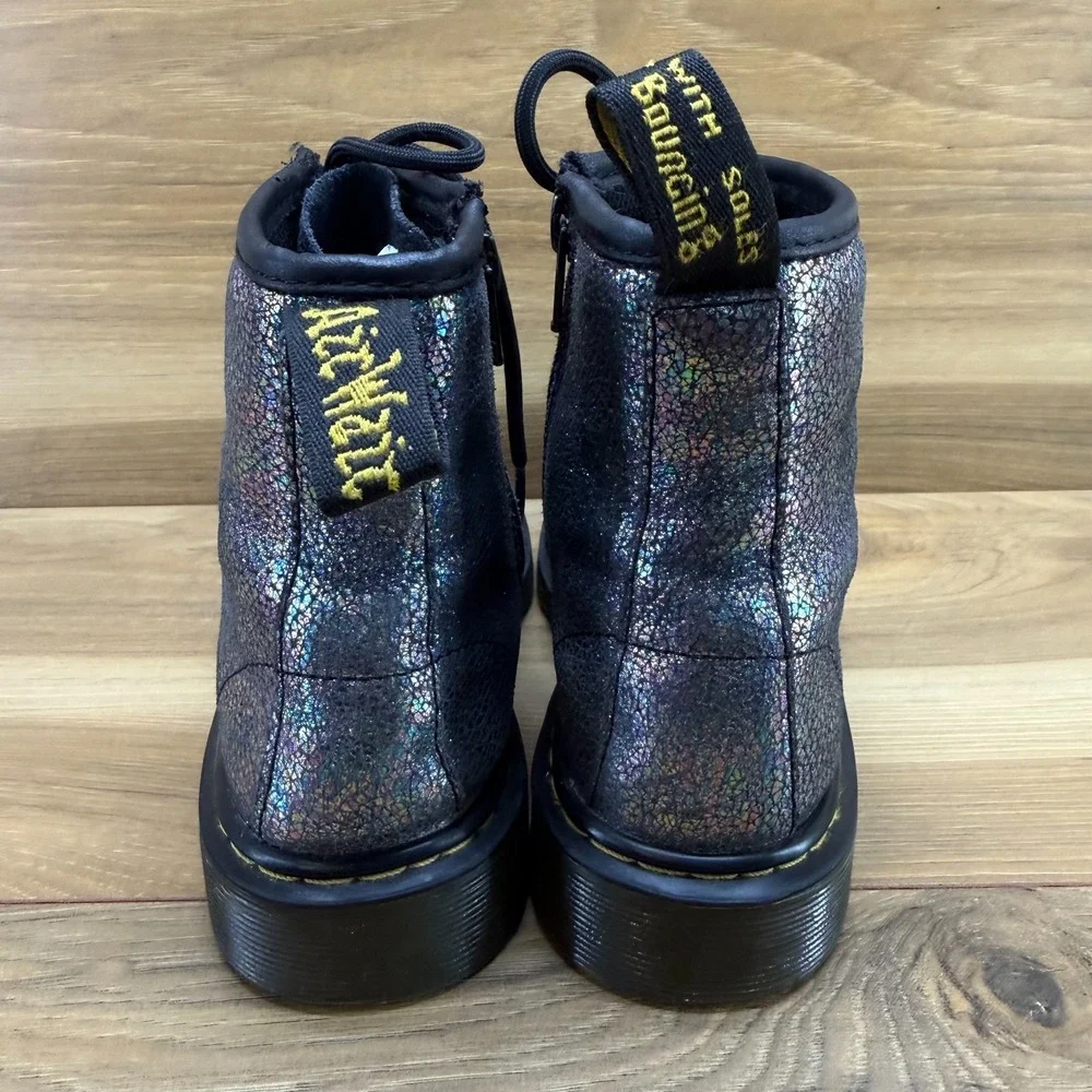 Dr Martens Combat Boots Girls Size 2 Metallic Pewter Leather Lace‎ Up